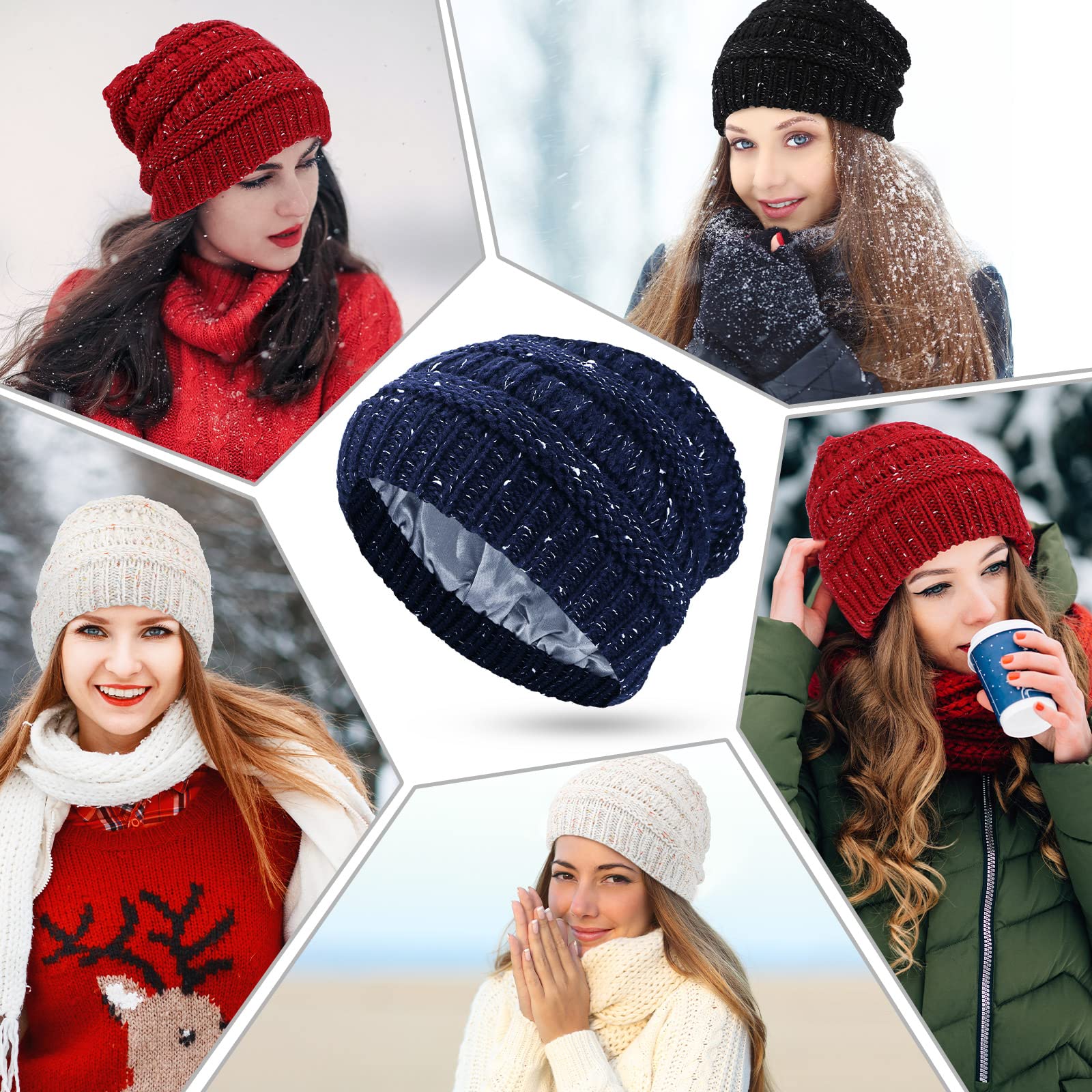 6 Pieces Winter Knitted Satin Lined Beanie Hats for Women Satin Lined Cable Thick Chunky Cap Slouchy Cable Beanie Silky Soft Washed Warm Hat