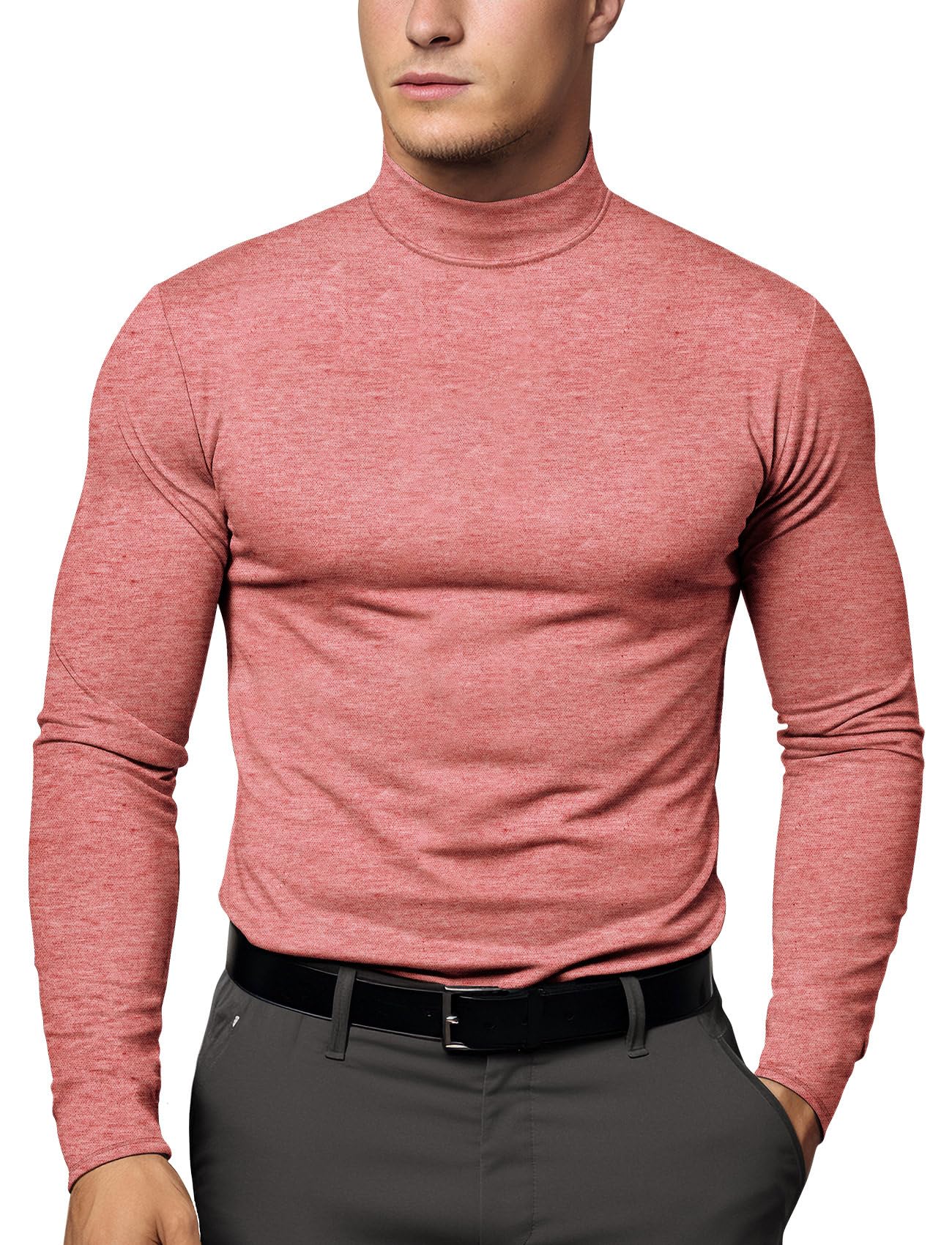 Thermal Base Layer Men Mock Turtleneck(Red Heather,XL)