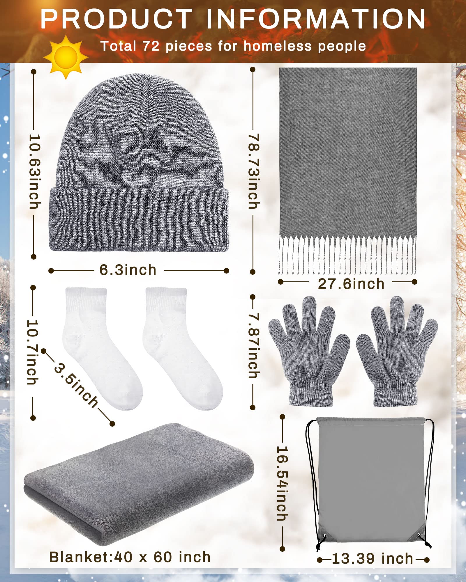 Jecery 72 Pieces Homeless Care Package Supplies Winter Coral Fleece Blanket Gloves Socks Beanies Scarves and Drawstring Bags Bulk for Winter Homeless Care