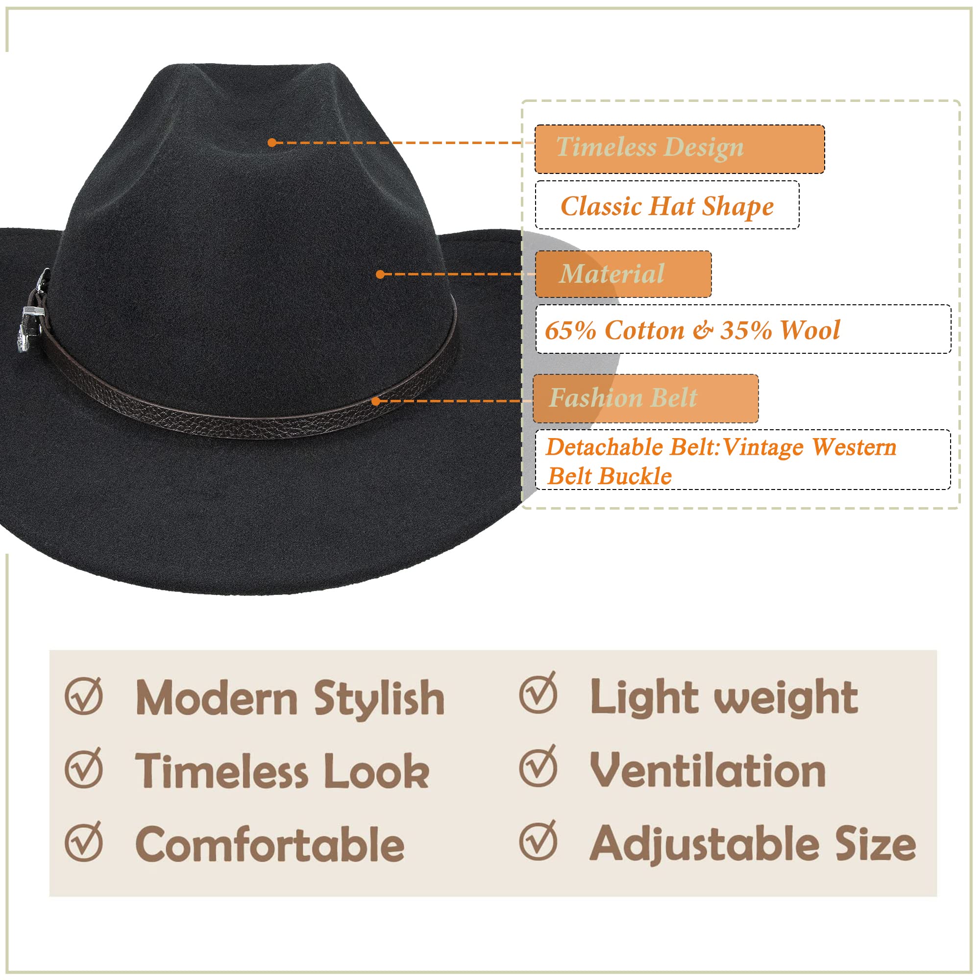 Classic Black Western Felt Roll Up Brim Cowboy and Cowgirl Hat for Women and Men - Decoration with Western Belt Bukle