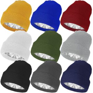 9 pieces satin lined winter beanie hats silk lining hats acrylic knitted watch hat slouchy beanie hats for women men unisex soft warm knit satin lined cap, 9 colors