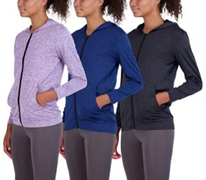 3 pack: womens dry fit long sleeve full zip up hoodie jacket ladies athletic running track workout sports yoga pockets upf sun shirt rain warm sweat up winter rain lightweight outerwear- set 3, m