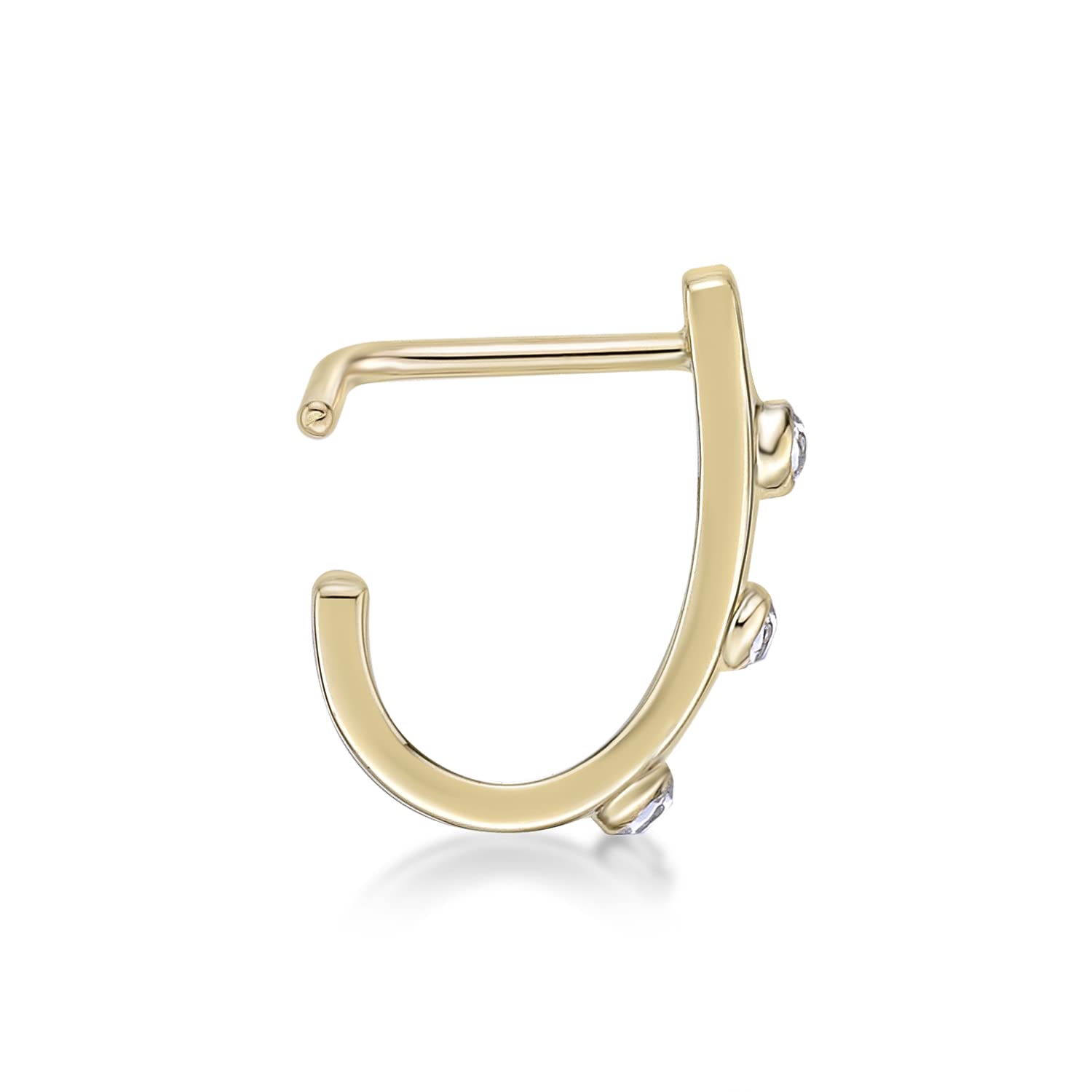 Lavari Jewelers 20 Gauge L Shaped Faux Hoop Cubic Zirconia Three Stone Nose Ring in 14k Yellow Gold Unisex CZ Stud Nose Ring Hypoallergenic 20G Body Piercing