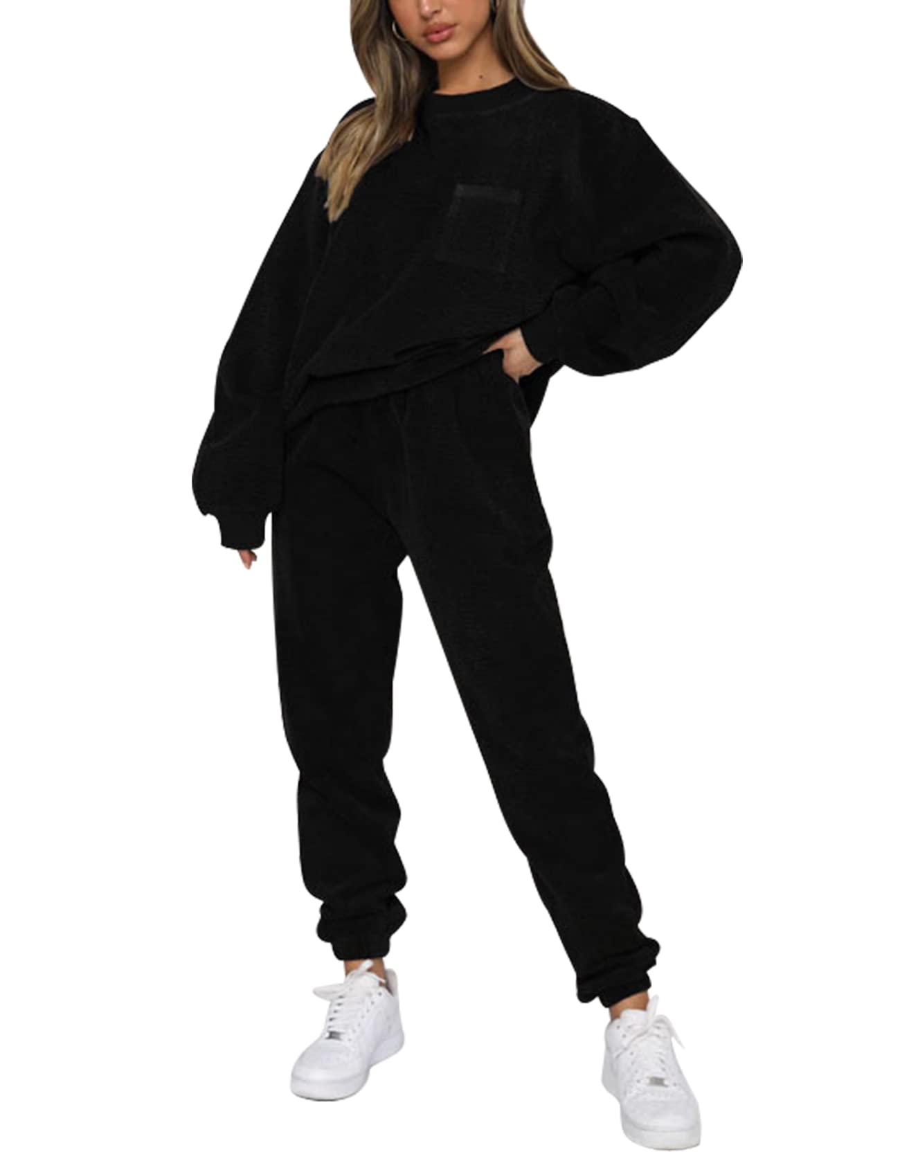 Gihuo Fall 2 Piece Sweatsuits Outfits for Women Corduroy Long Sleeve Pullover Sweatshirt and Pants Tracksuit Set(Black-S)