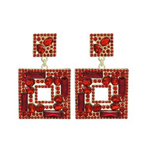 Mejialaa Women's Fashion Crystal Square Dangle Statement Earrings Geometric Shaped with Rhinestone Drop Earrings for Party Prom Ruby Color Gold-Tone