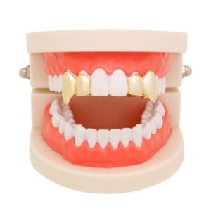 Huliyhus 2 Pcs 18K Gold Plated Double Tooth Cap Hip Hop Teeth Grillz Vampire Fangs Grills Set for Men Women Party Accessories Teeth Grills (01, Gold), Gold, Silver, Rose Gold, Black, One Size