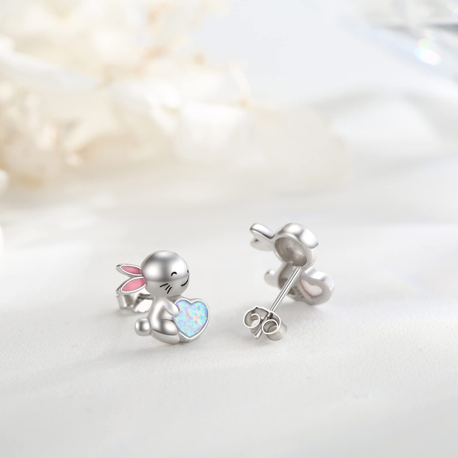 Bunny Earrings for Women Sister Daughter 925 Sterling Silver Cute Rabbit Stud Earrings with Love Opal Hypoallergenic Easter Birthday Christmas Holiday Jewelry Gifts for Sensitive Ears