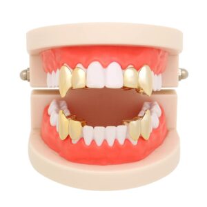 Huliyhus 2 Pcs 18K Gold Plated Double Tooth Cap Hip Hop Teeth Grillz Vampire Fangs Grills Set for Men Women Party Accessories Teeth Grills (01, Gold), Gold, Silver, Rose Gold, Black, One Size