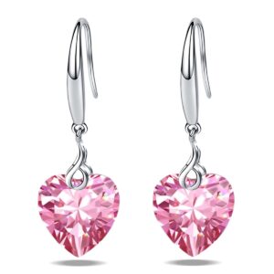 Heart Dangle Earring 925 Sterling Silver 5A Heart Cubic Zirconia Drop Earring for Women Silver Jewelry Gift for Wife (Heart Shape-Pink)