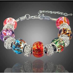 Savlano Silver Tone Snake Chain Charm Bracelet Crystal and Murano Glass Beads with 2 inch Extension for Women Comes with Gift Box