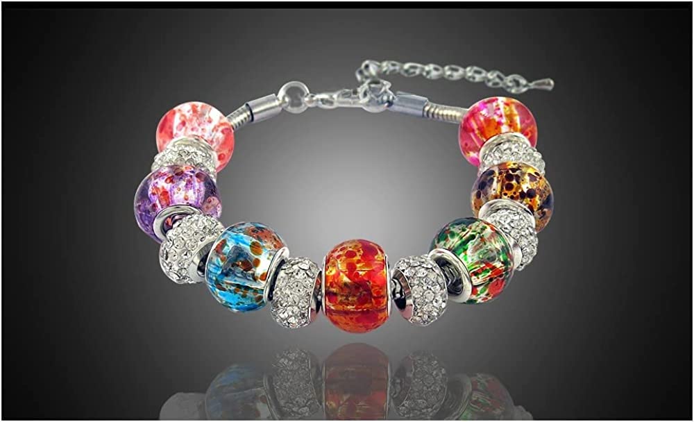 Savlano Silver Tone Snake Chain Charm Bracelet Crystal and Murano Glass Beads with 2 inch Extension for Women Comes with Gift Box