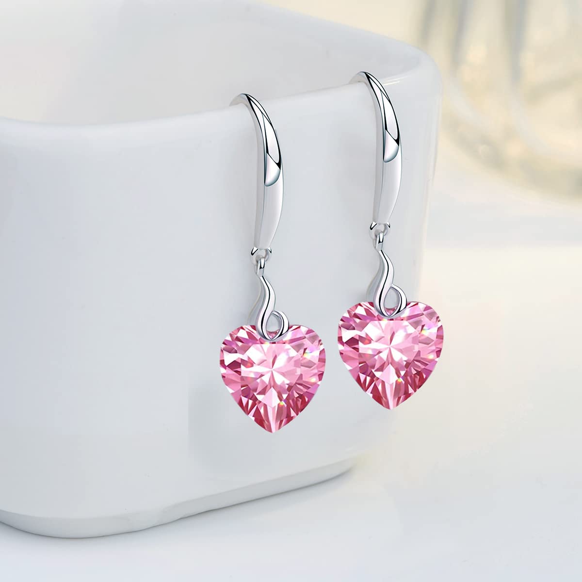 Heart Dangle Earring 925 Sterling Silver 5A Heart Cubic Zirconia Drop Earring for Women Silver Jewelry Gift for Wife (Heart Shape-Pink)