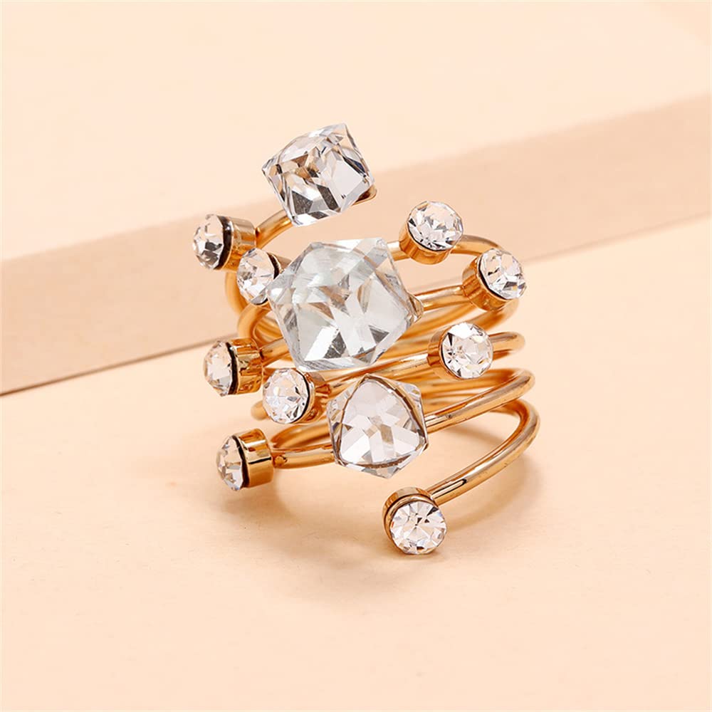 Layered Rhinestone Statement Ring for Women Girls Gold Plated Fashion Round Cube Crystal Adjustable Wide Wrap Finger Rings Shiny Act Deco Christmas Birthday Wedding Party Jewelry Gift Size7-8 (Clear)