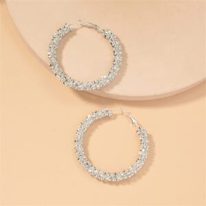 Shiny Big Hoop Earrings for Women Girls Boho Rhinestone Wrapped Hoops Dangle Huggie Earring Lightweight Comfortable Sparkle Wedding Christmas Birthday Jewelry Gifts 50mm (Clear CZ)