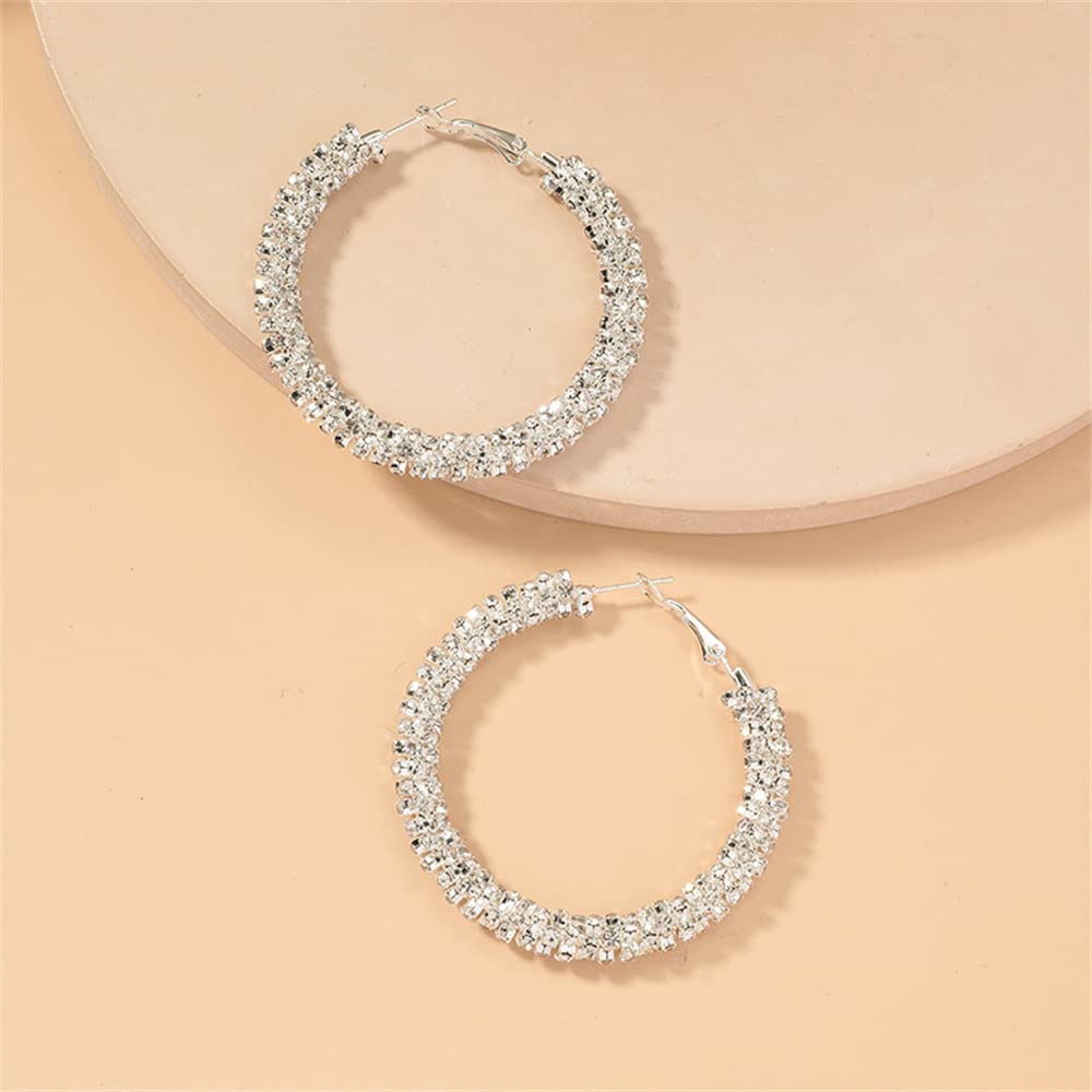 Shiny Big Hoop Earrings for Women Girls Boho Rhinestone Wrapped Hoops Dangle Huggie Earring Lightweight Comfortable Sparkle Wedding Christmas Birthday Jewelry Gifts 50mm (Clear CZ)