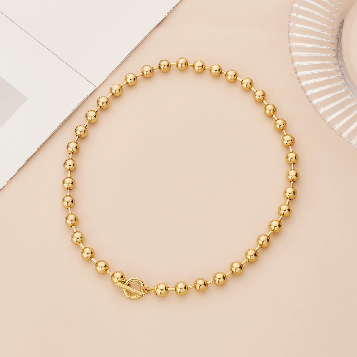 HESSAWELL Gold Necklaces for Women Men Gold Plated Beaded Chain Necklace Chunky Gold Ball Chain Choker Necklace for Women Fashion Jewelry