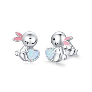 bunny earrings for women sister daughter 925 sterling silver cute rabbit stud earrings with love opal hypoallergenic easter birthday christmas holiday jewelry gifts for sensitive ears