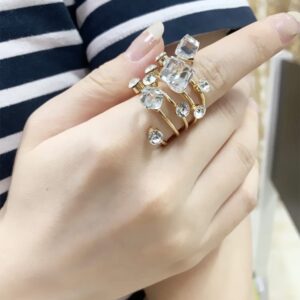 Layered Rhinestone Statement Ring for Women Girls Gold Plated Fashion Round Cube Crystal Adjustable Wide Wrap Finger Rings Shiny Act Deco Christmas Birthday Wedding Party Jewelry Gift Size7-8 (Clear)