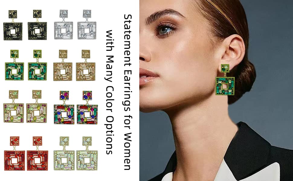 Mejialaa Women's Fashion Crystal Square Dangle Statement Earrings Geometric Shaped with Rhinestone Drop Earrings for Party Prom Ruby Color Gold-Tone