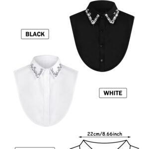 Bencailor 2 Pieces Rhinestone Fake Collar Detachable Dickey Collar for Women Half Shirt Collar Blouse False Collar for Women Girls Outfits, White and Black