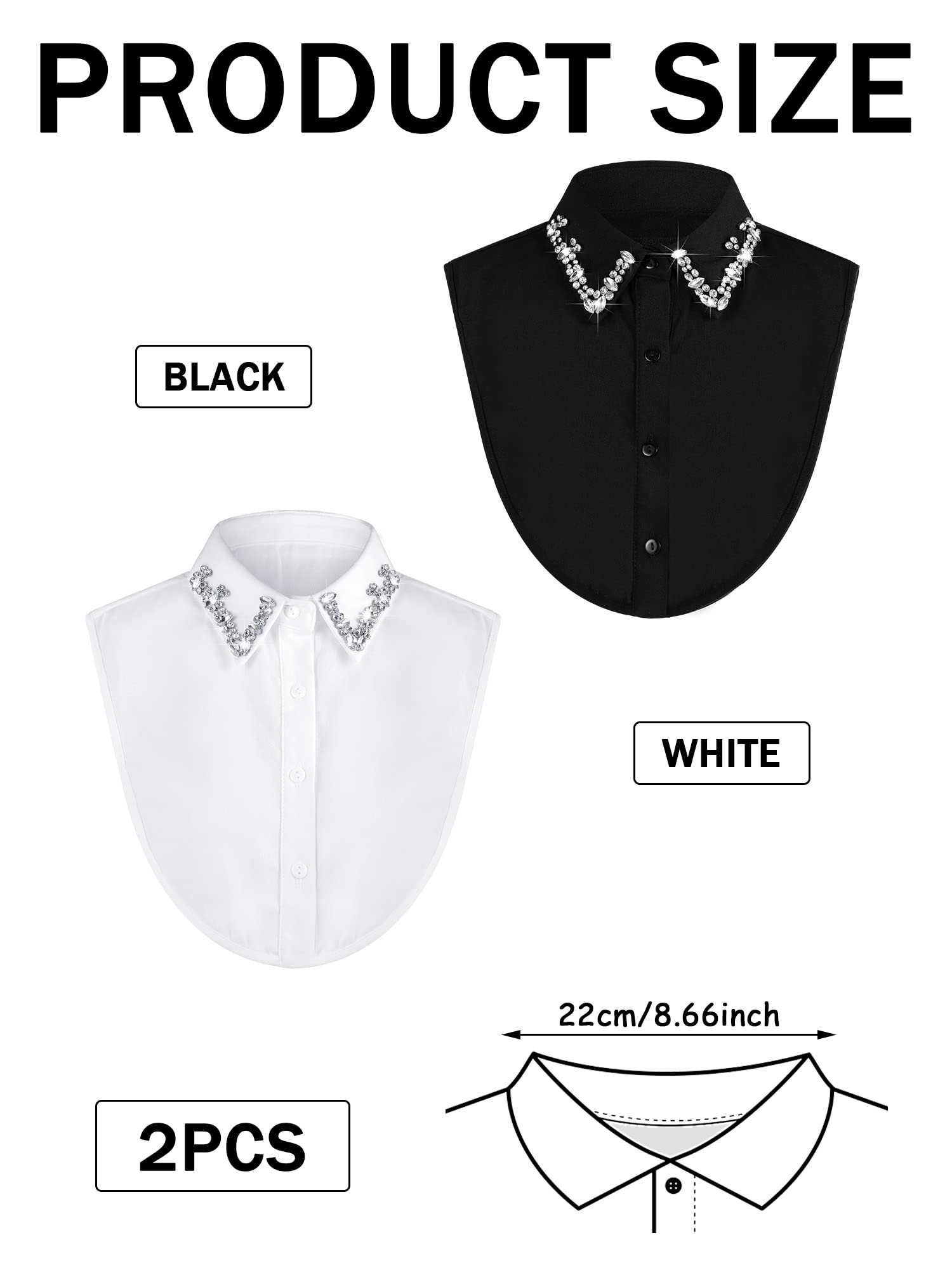 Bencailor 2 Pieces Rhinestone Fake Collar Detachable Dickey Collar for Women Half Shirt Collar Blouse False Collar for Women Girls Outfits, White and Black