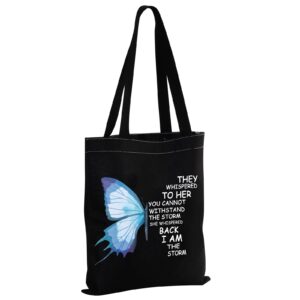 mbmso butterfly she whispered back i am the storm inspirational gifts tote bag cancer awareness gifts cancer survivor fighter gift (butterfly i am the storm tb-black)