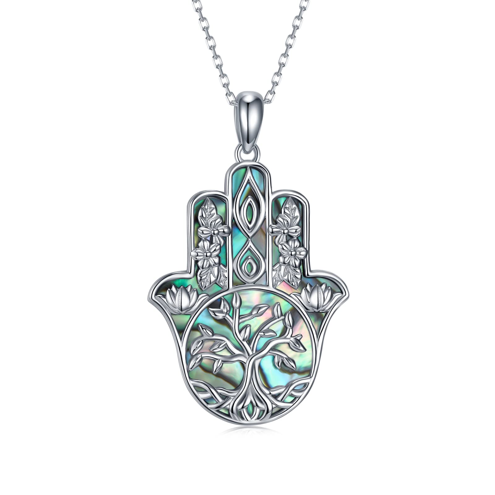 Hamsa Hand of Fatima Tree of Life Necklace for Women 925 Sterling Silver Hamsa Hand of Fatima Pendant Necklace Jewelry Gifts for Women Men Christmas Birthday Gifts,18''-20''