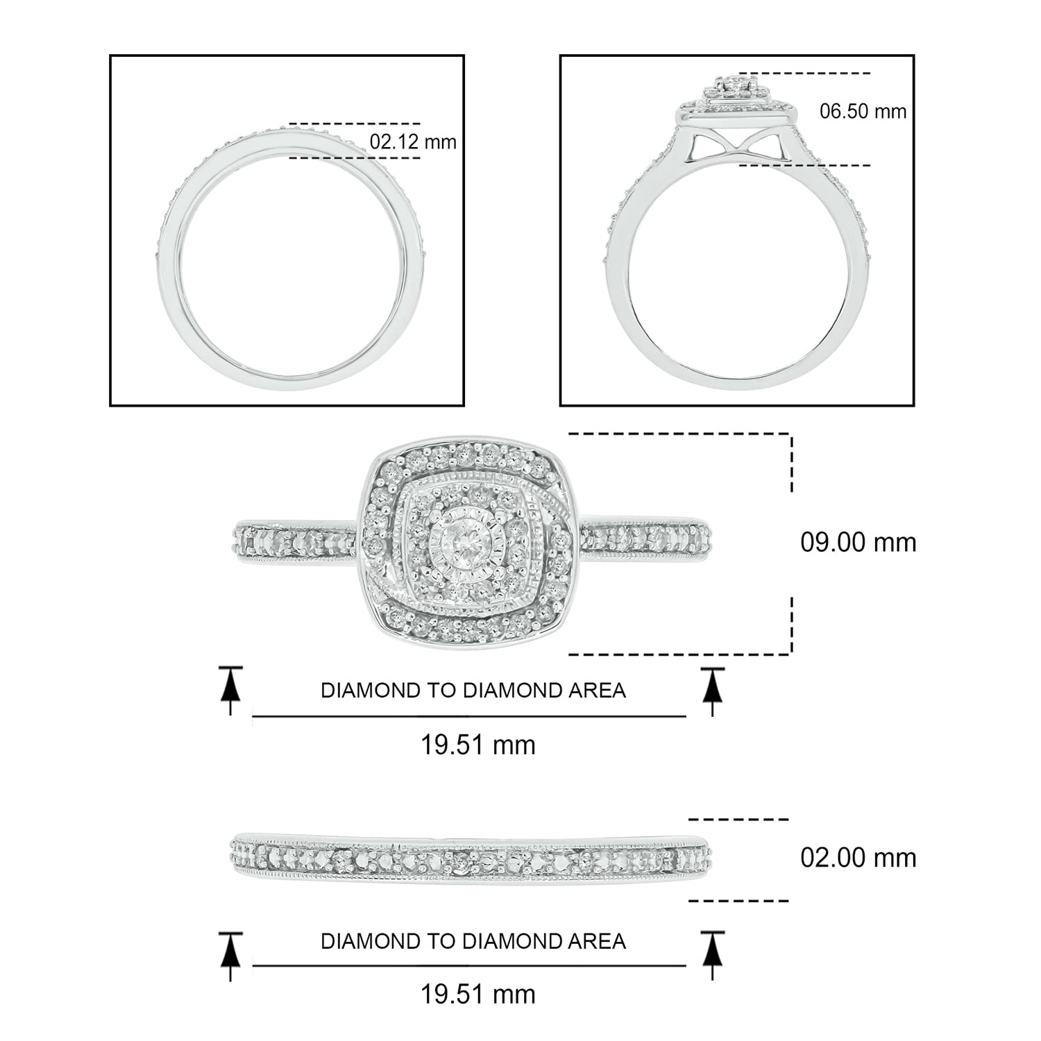 Cali Trove, 1/4cttw Diamond Double Halo Square Engagement Ring with Matching Diamond Wedding Band for Women in 925 Sterling Silver, Women's Silver Square Wedding Ring Set with Diamond Accented Bands,