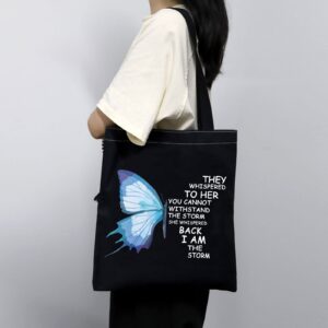 MBMSO Butterfly She Whispered Back I am the Storm Inspirational Gifts Tote Bag Cancer Awareness Gifts Cancer Survivor Fighter Gift (Butterfly I am the Storm TB-black)