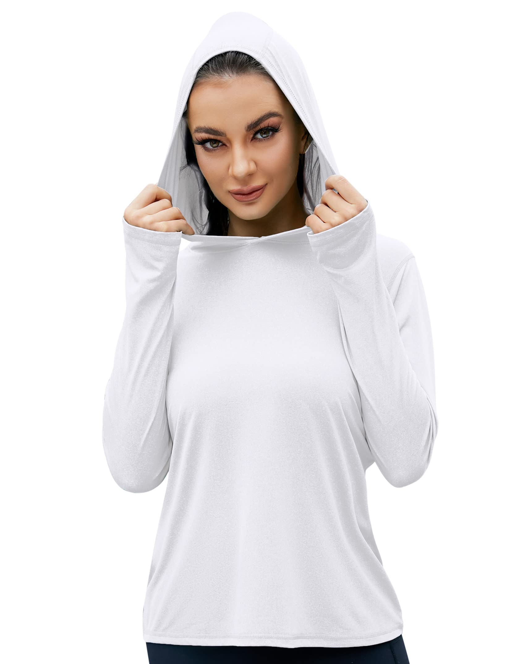 Women's UPF 50+ Sun Protection Hoodie Long Sleeve Lightweight Sun Shirt for Fishing White L