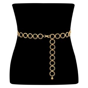 WHIPPY O-Ring Metal Waist Chain Belt Women Adjustable Body Link Belts Fashion Belly Jewelry for Jeans Dresses Gold XL