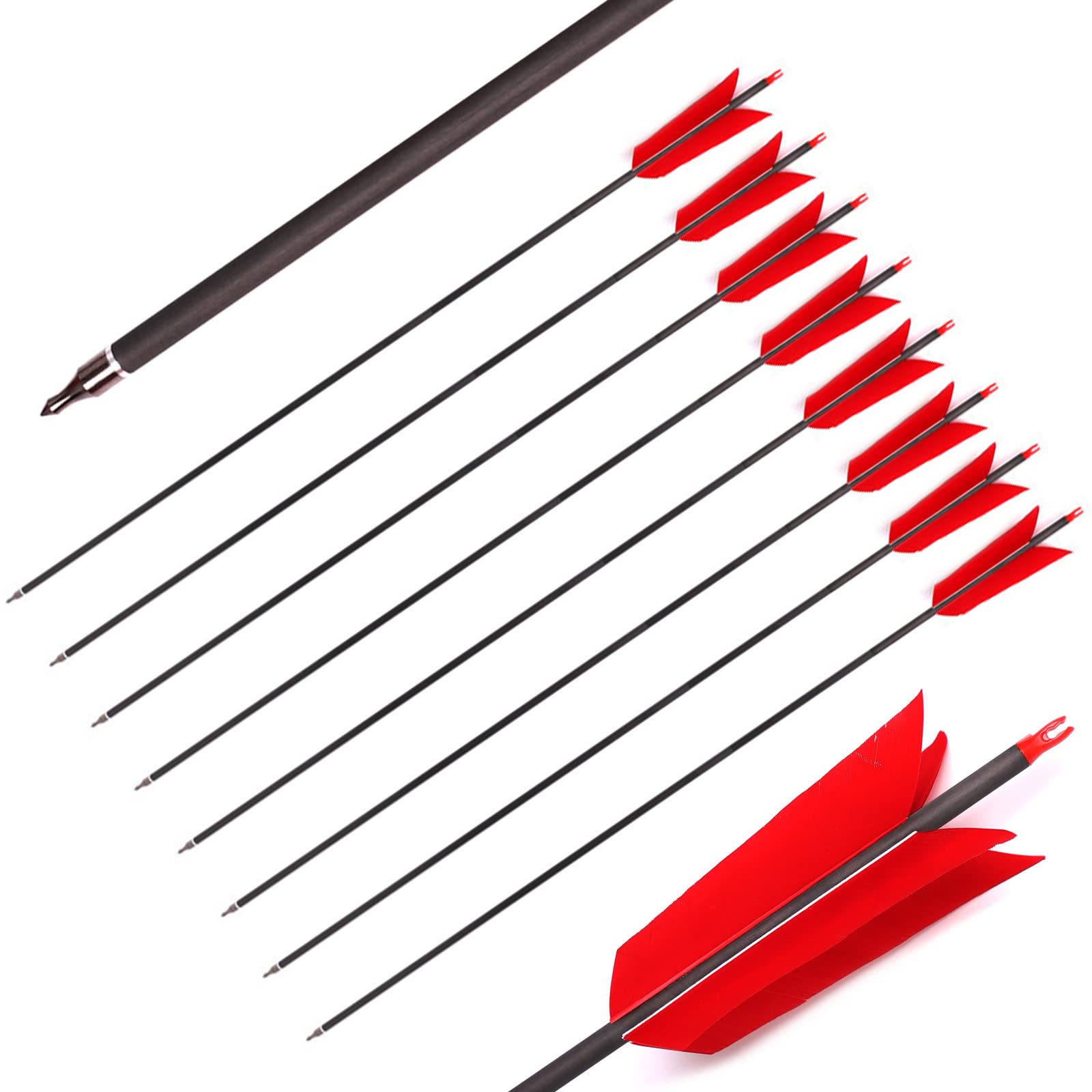 Elkrich Archery Carbon Arrows 31inch Target Flu-Flu Arrows Spine 500 Hunting Arrows with 4pcs Turkey Feathers for Small Game Hunting Shooting (12pcs, Red)