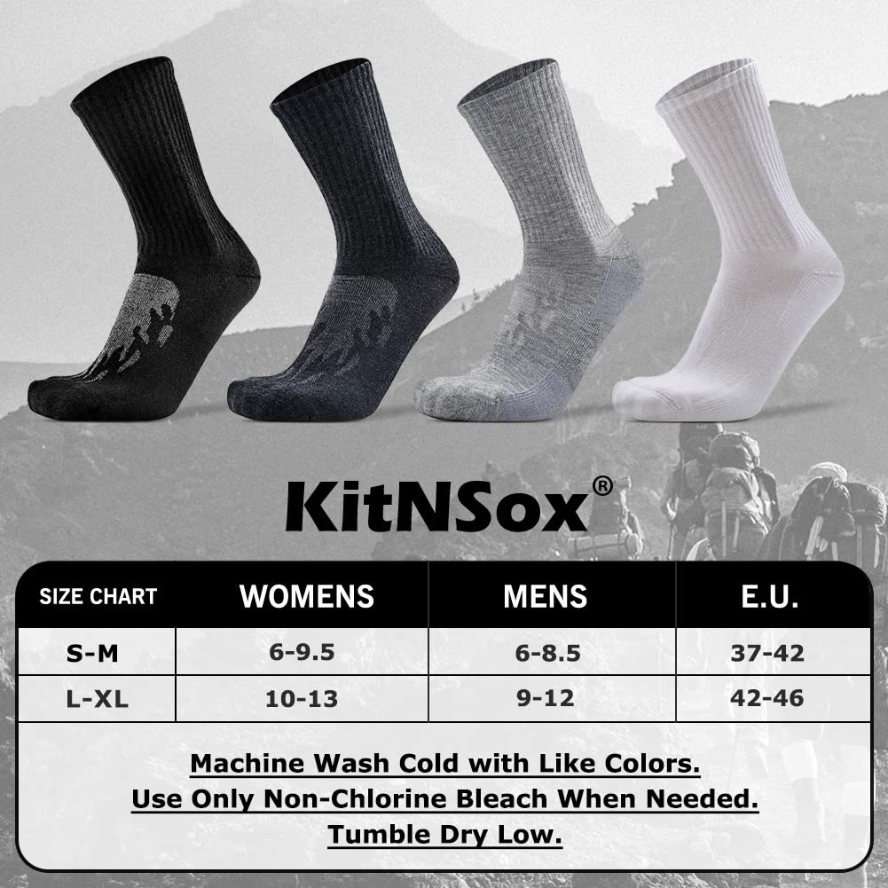 KitNSox 4 Pack Men's Women's Merino Wool Hiking Running Socks Crew Warm Thick Cushioned Outdoor Walking Sport Athletic Sock, Medium, Light Grey