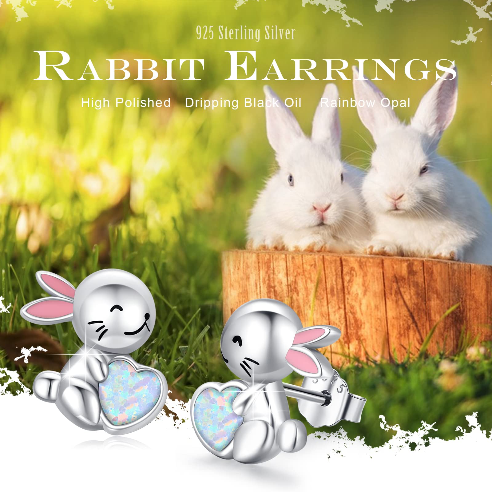 Bunny Earrings for Women Sister Daughter 925 Sterling Silver Cute Rabbit Stud Earrings with Love Opal Hypoallergenic Easter Birthday Christmas Holiday Jewelry Gifts for Sensitive Ears