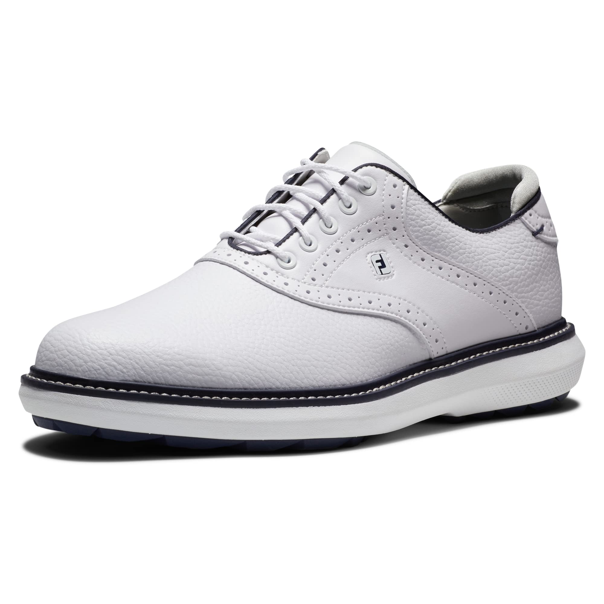 FootJoy Men's Traditions Spikeless Golf Shoe, White/White/Navy, 9