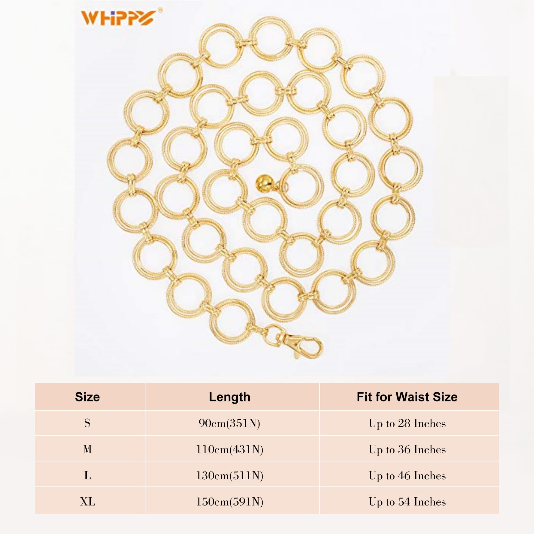 WHIPPY O-Ring Metal Waist Chain Belt Women Adjustable Body Link Belts Fashion Belly Jewelry for Jeans Dresses Gold XL