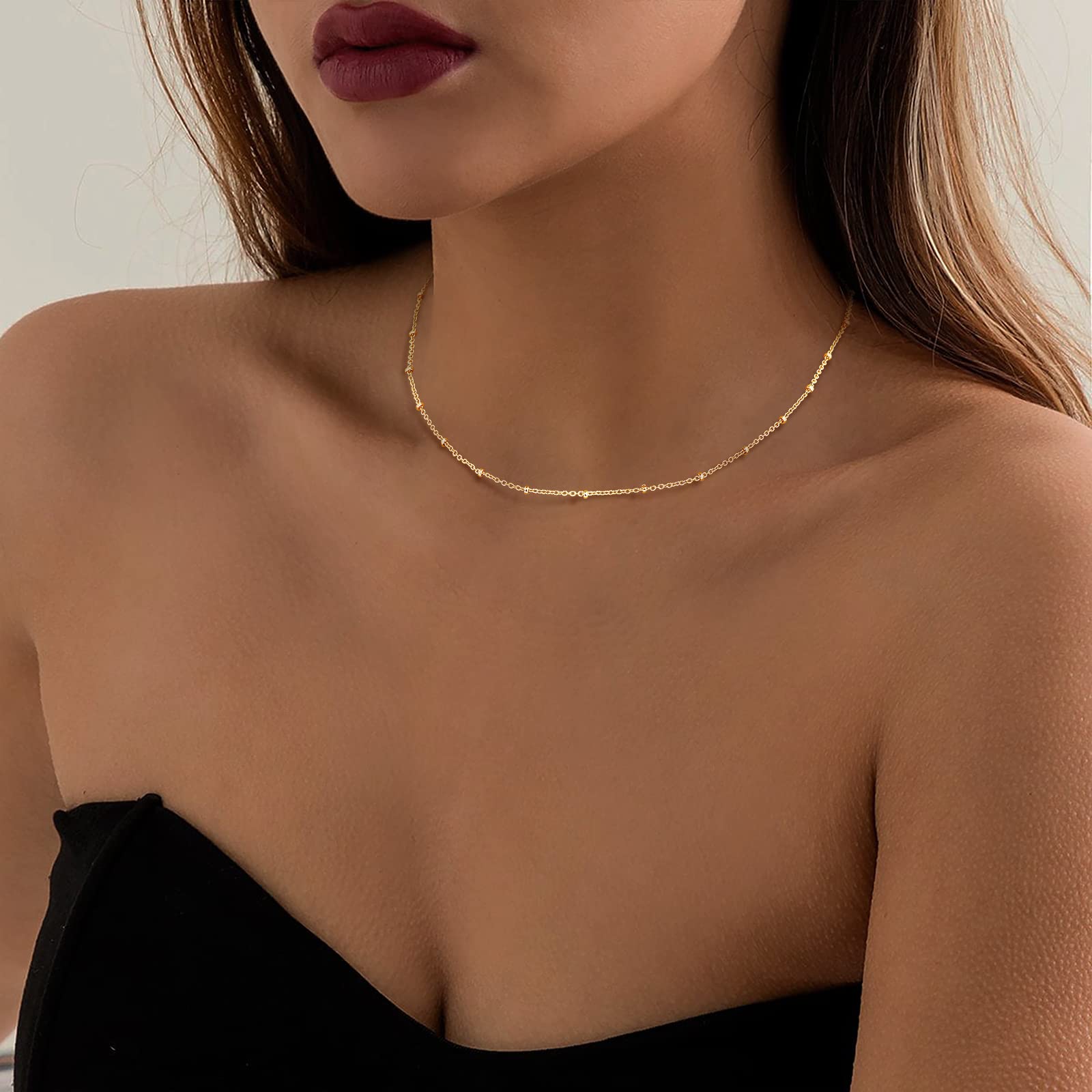 MJartoria Dainty Choker Necklace for Women 14K Gold Plated Minimalist Chain Choker Necklace Trendy Satellite Bead Choker Jewelry Gifts