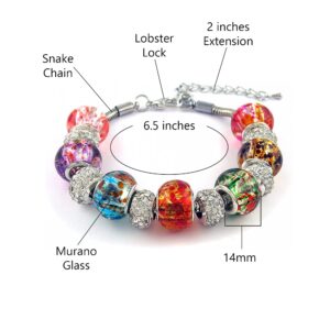 Savlano Silver Tone Snake Chain Charm Bracelet Crystal and Murano Glass Beads with 2 inch Extension for Women Comes with Gift Box