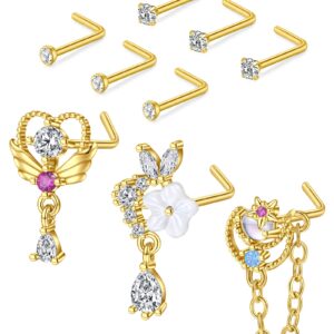 D.Bella 20G L Shaped Nose Studs Surgical Stainless Steel Nose Rings Studs Diamond Nostril Nose Piercing Jewelry Gold