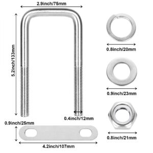 4Pack Square U-Bolts 2-1/16" W x 4-3/4" L, 304 Stainless Steel U Bolts M12 with Washers & Nuts for Replacement Parts and Accessories for Ski Boat, Fishing Boat or Sailboat Trailer