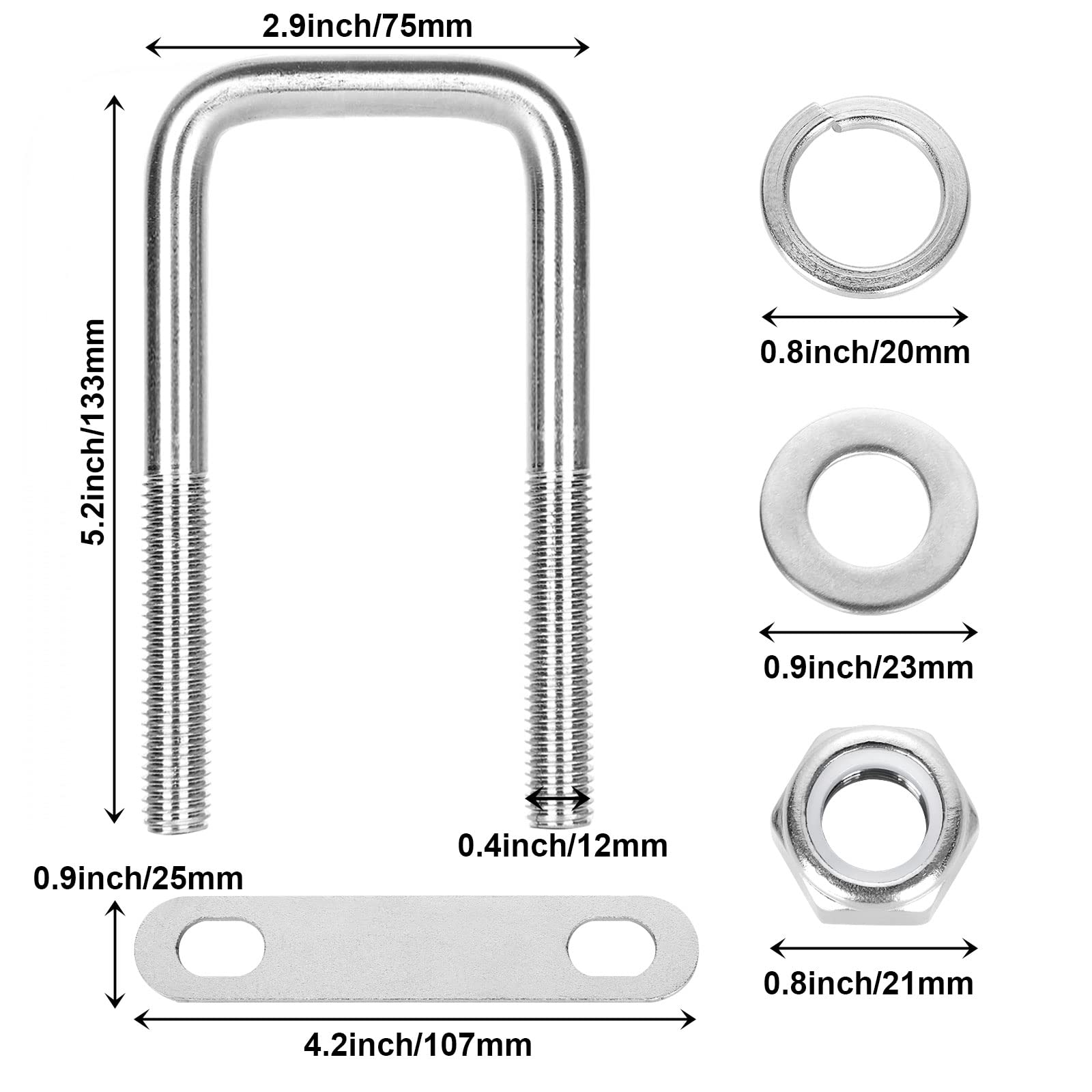 4Pack Square U-Bolts 2-1/16" W x 4-3/4" L, 304 Stainless Steel U Bolts M12 with Washers & Nuts for Replacement Parts and Accessories for Ski Boat, Fishing Boat or Sailboat Trailer