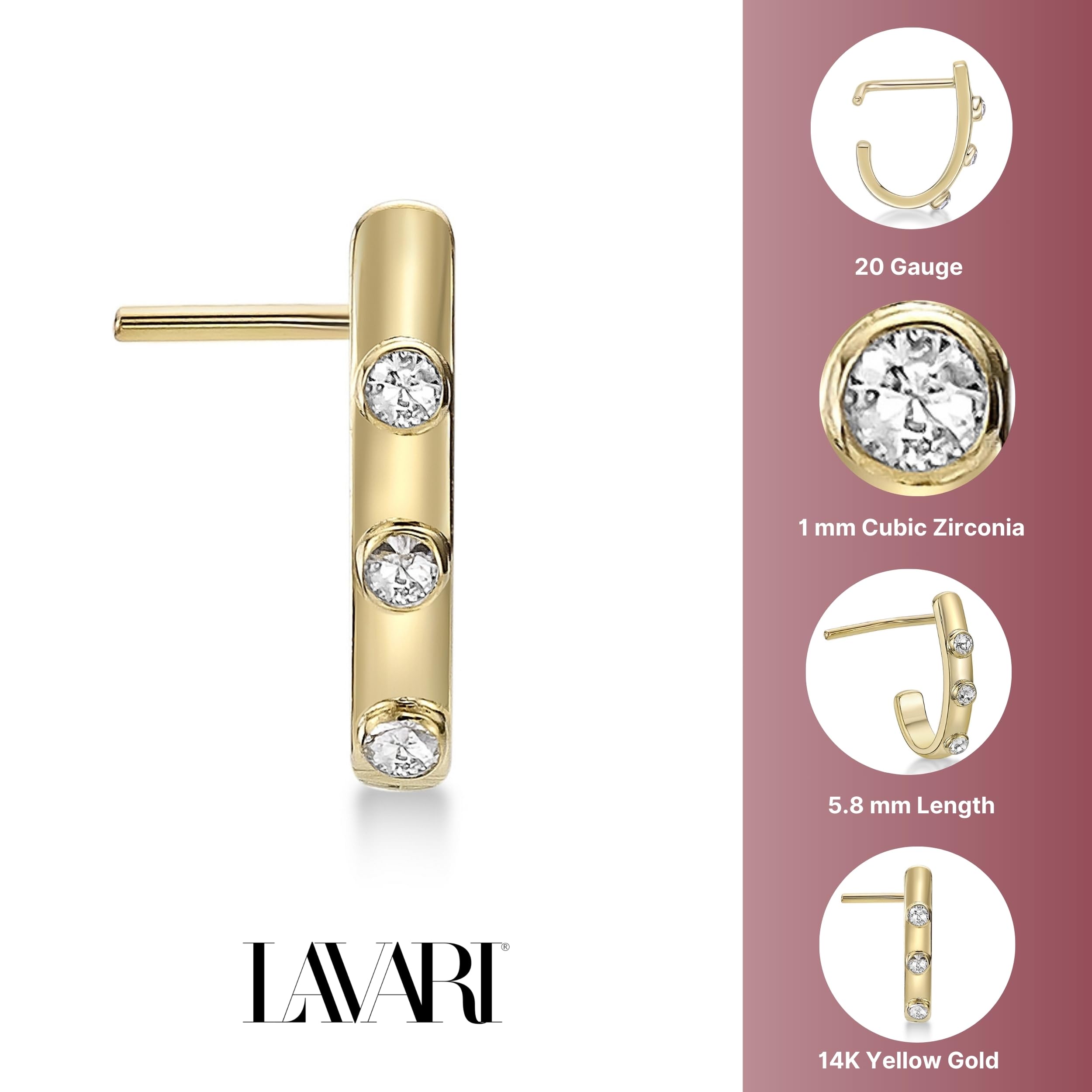 Lavari Jewelers 20 Gauge L Shaped Faux Hoop Cubic Zirconia Three Stone Nose Ring in 14k Yellow Gold Unisex CZ Stud Nose Ring Hypoallergenic 20G Body Piercing