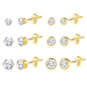 Gold Cubic Zirconia Earrings Studs for Women 14K Gold Plated Stud Earrings Set Hypoallergenic Tiny Studs for Girls（6 Pairs）