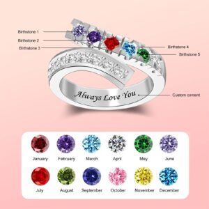 BAUMA AUTO Personalized Birthstone Rings for Mom, Mothers Rings with 1-6 Birthstones & Engraving Text Family Custom Birthstone Ring for Women Wife Daughter (5 Birthstones)