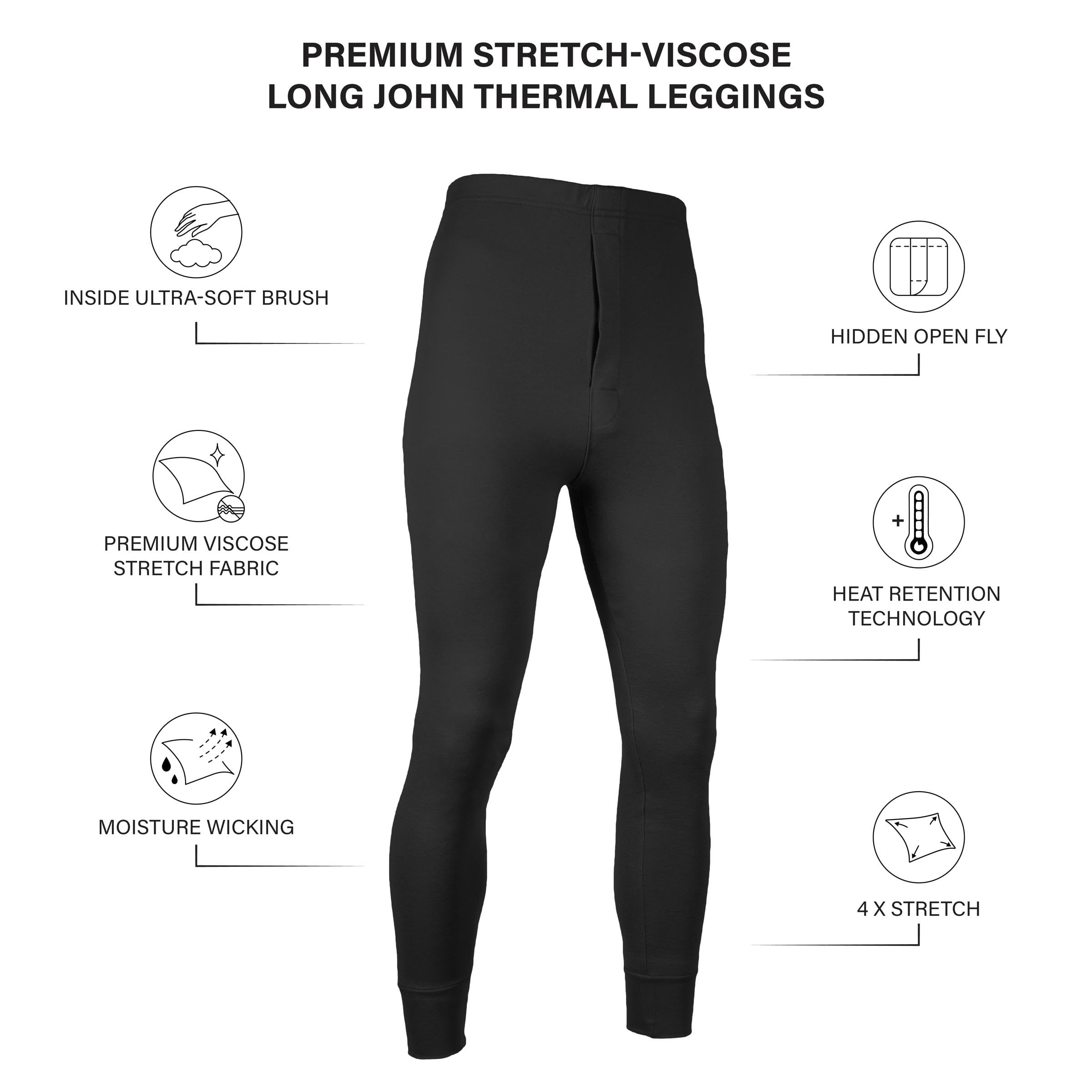 Men's Long Johns Thermal Underwear | Fleece Lined Base Layer Bottoms- 3 Pack