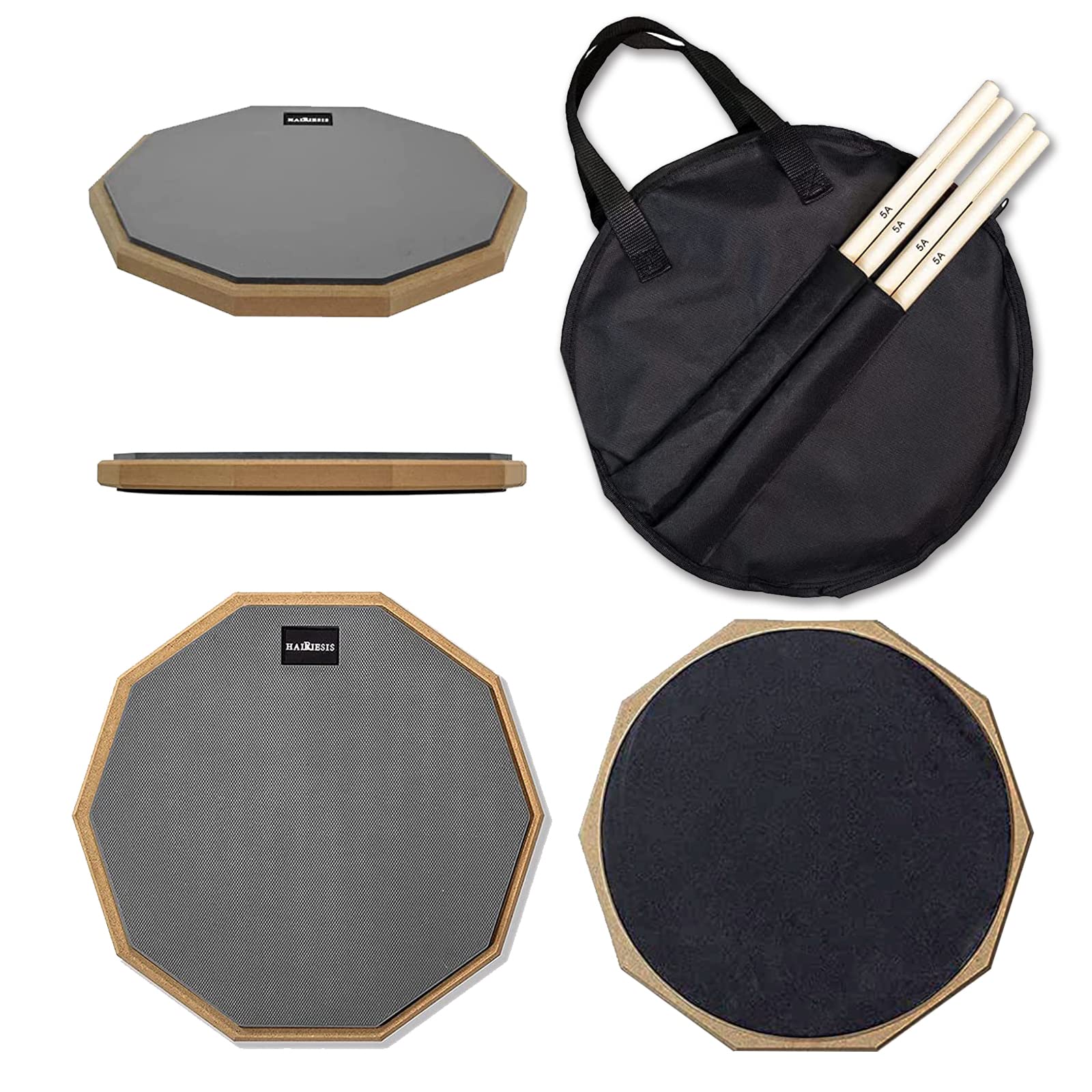 HAIRIESIS Snare Drum Practice Pad,12-Inch Practice Drum Pad,Double Sided Silent Drum Pad and Sticks,Drum Pads Carry Bag