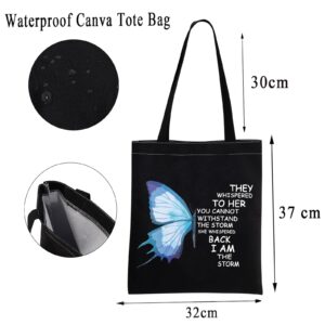 MBMSO Butterfly She Whispered Back I am the Storm Inspirational Gifts Tote Bag Cancer Awareness Gifts Cancer Survivor Fighter Gift (Butterfly I am the Storm TB-black)