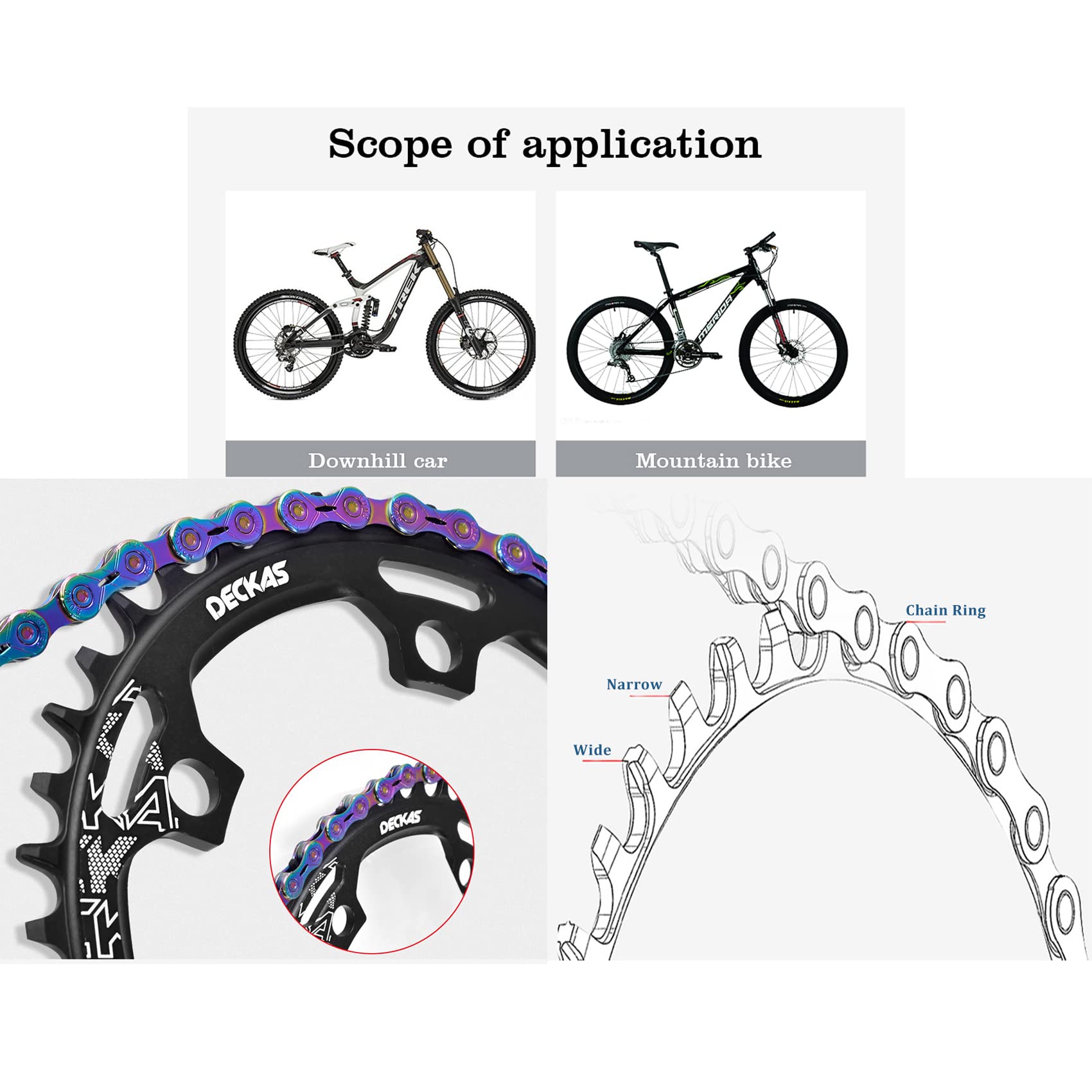 DECKAS Round Chainring 110BCD 4-Bolt 36T 38T 40T 42T 44T 46T 48T 50T 52T Narrow Wide Chainring for 7/8/9/10/11/12 - Speed (Black 40T)