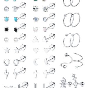 SAILIMUE 23Pairs Flat Back Earrings Hypoallergenic Surgical Steel Earrings for Women Men Hoop Stud Earrings Set Small Cartilage Earrings Tragus Daith Helix Earrings