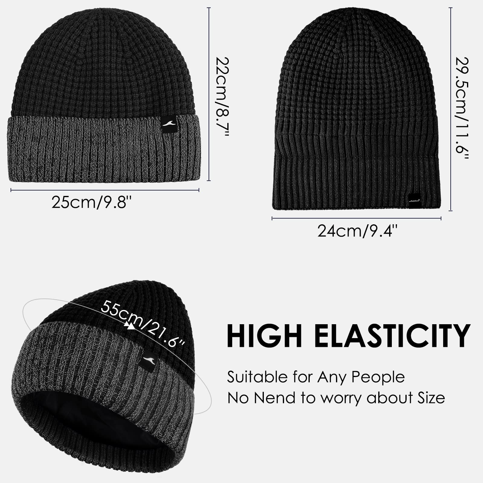 Achiou Winter Reflective Beanie Hat for Men Women, Warm Cuffed Winter Knit Hat Cap for Running Outdoor Sports High Visibility Black